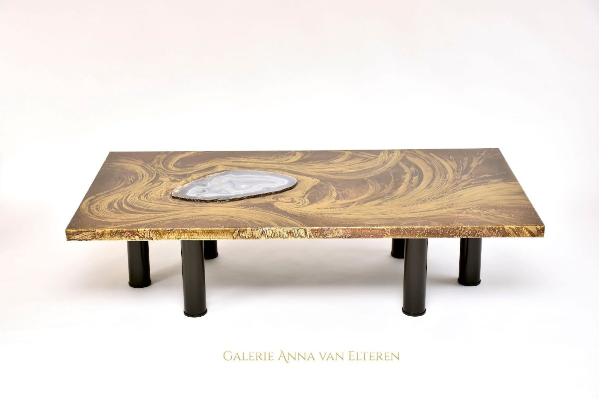 Table Basse en laiton Avec d'Agate Par Marc d'Haenens, Signée, milieu du siècle moderne-photo-2