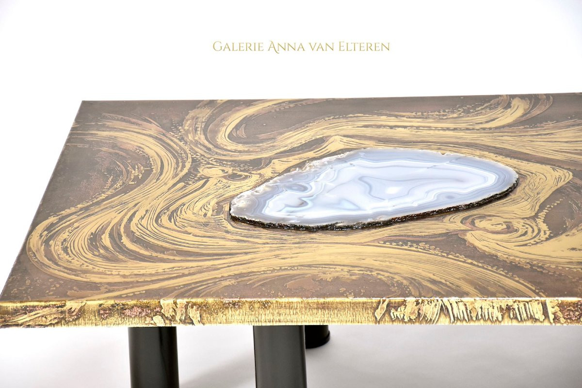 Table Basse en laiton Avec d'Agate Par Marc d'Haenens, Signée, milieu du siècle moderne-photo-3