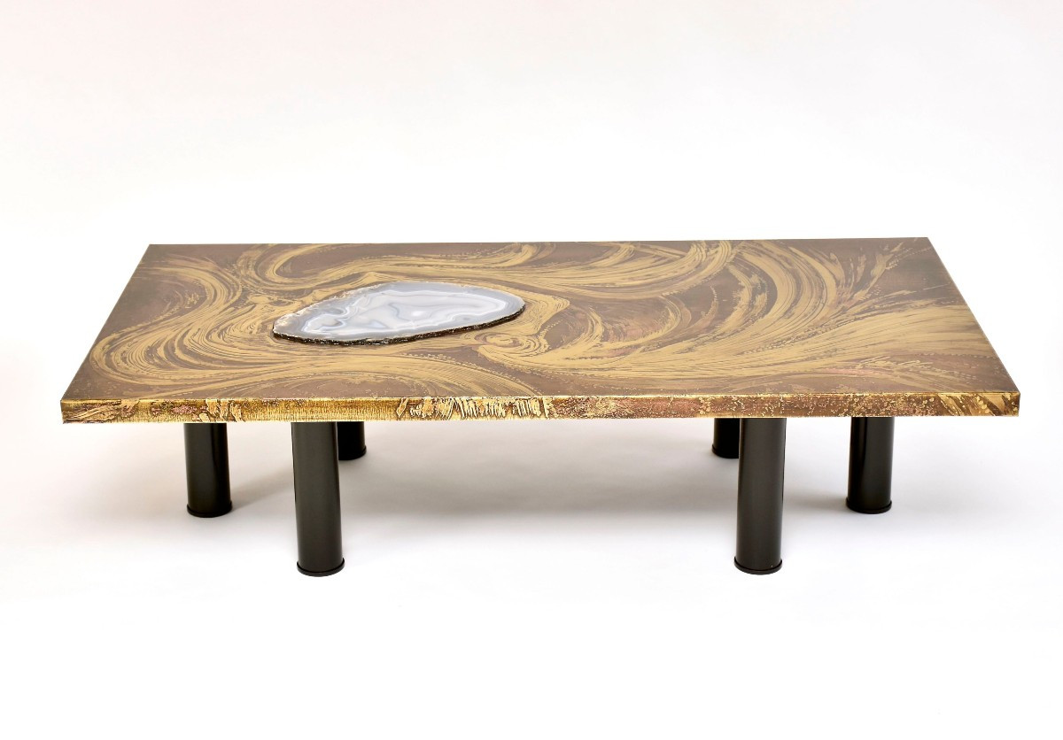  Table basse design en laiton avec agate par Marc d'Haenens