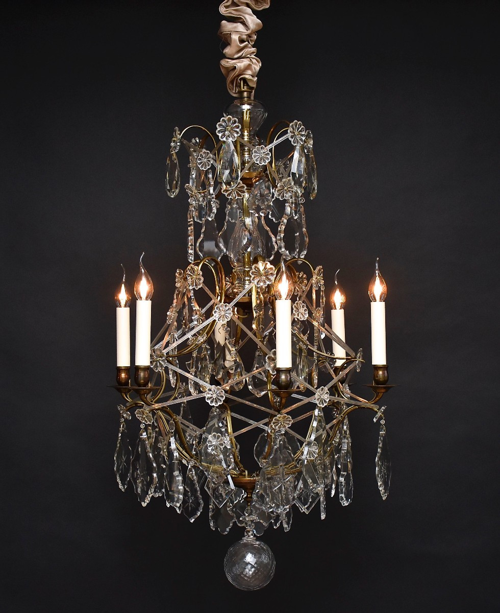 Lustre en laiton et cristal de style rococo début du XXe siècle