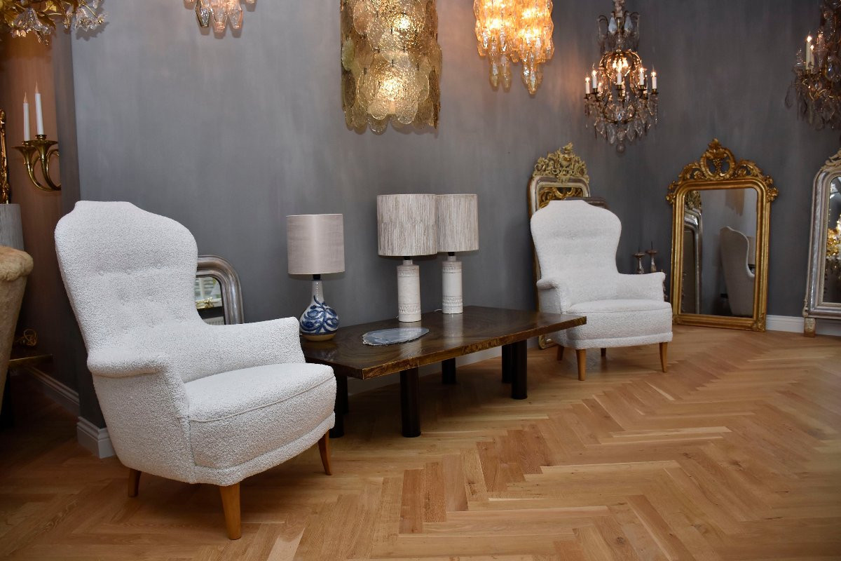 Paire de fauteuils « Farmor » du XXe siècle, créés par Carl Malmsten, en tissu bouclé Dedar -photo-3