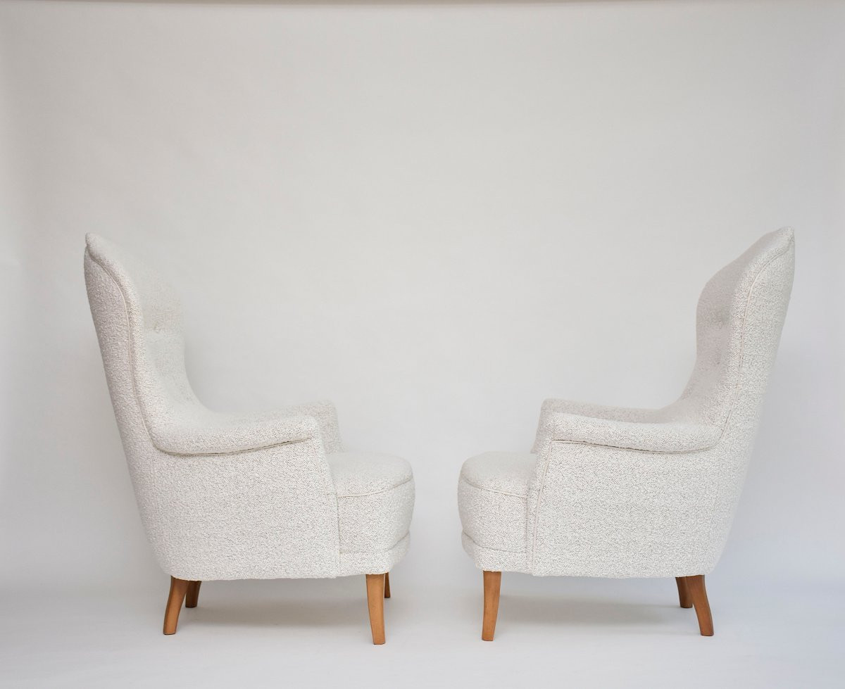 Paire de fauteuils « Farmor » du XXe siècle, créés par Carl Malmsten, en tissu bouclé Dedar -photo-8