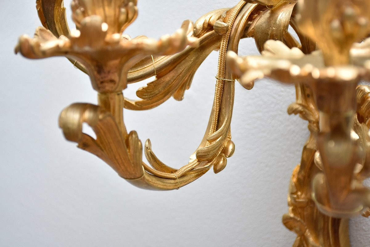 Grande paire d'appliques en bronze doré de style Louis XV, vers 1850-photo-6