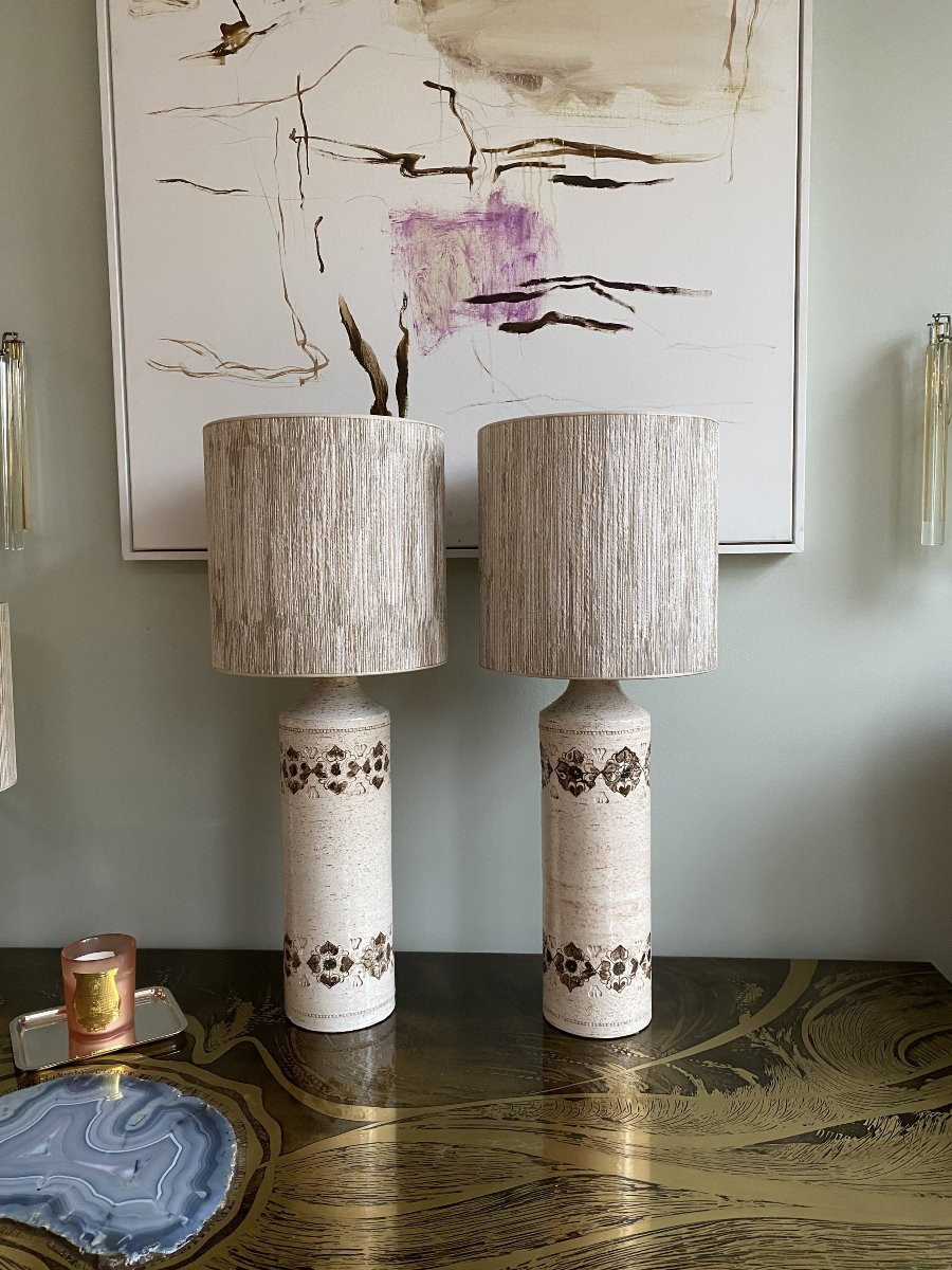 Grande paire de lampes de table en céramique blanche du milieu du siècle, signées Bitossi-photo-4
