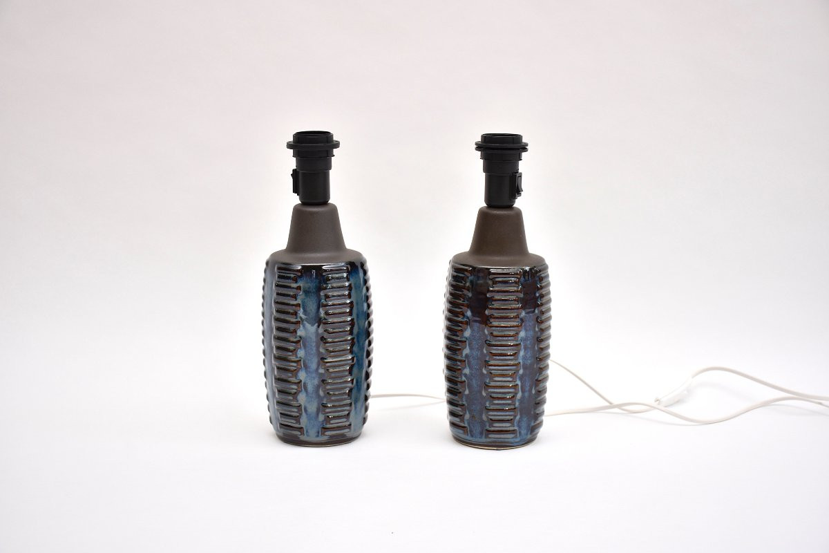 Paire de lampes de table en céramique bleue du milieu du siècle, signées Einar Johansen-photo-2