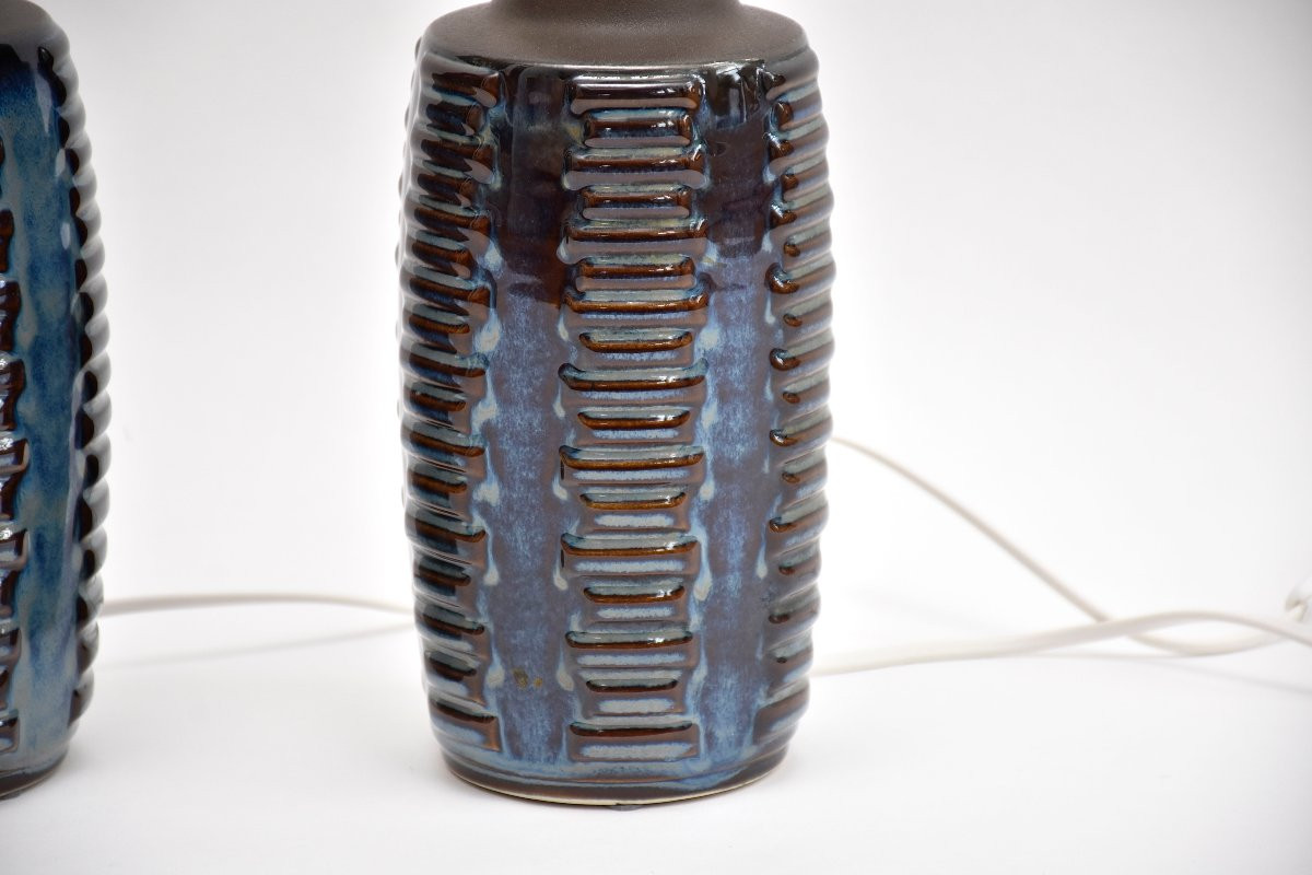 Paire de lampes de table en céramique bleue du milieu du siècle, signées Einar Johansen-photo-3