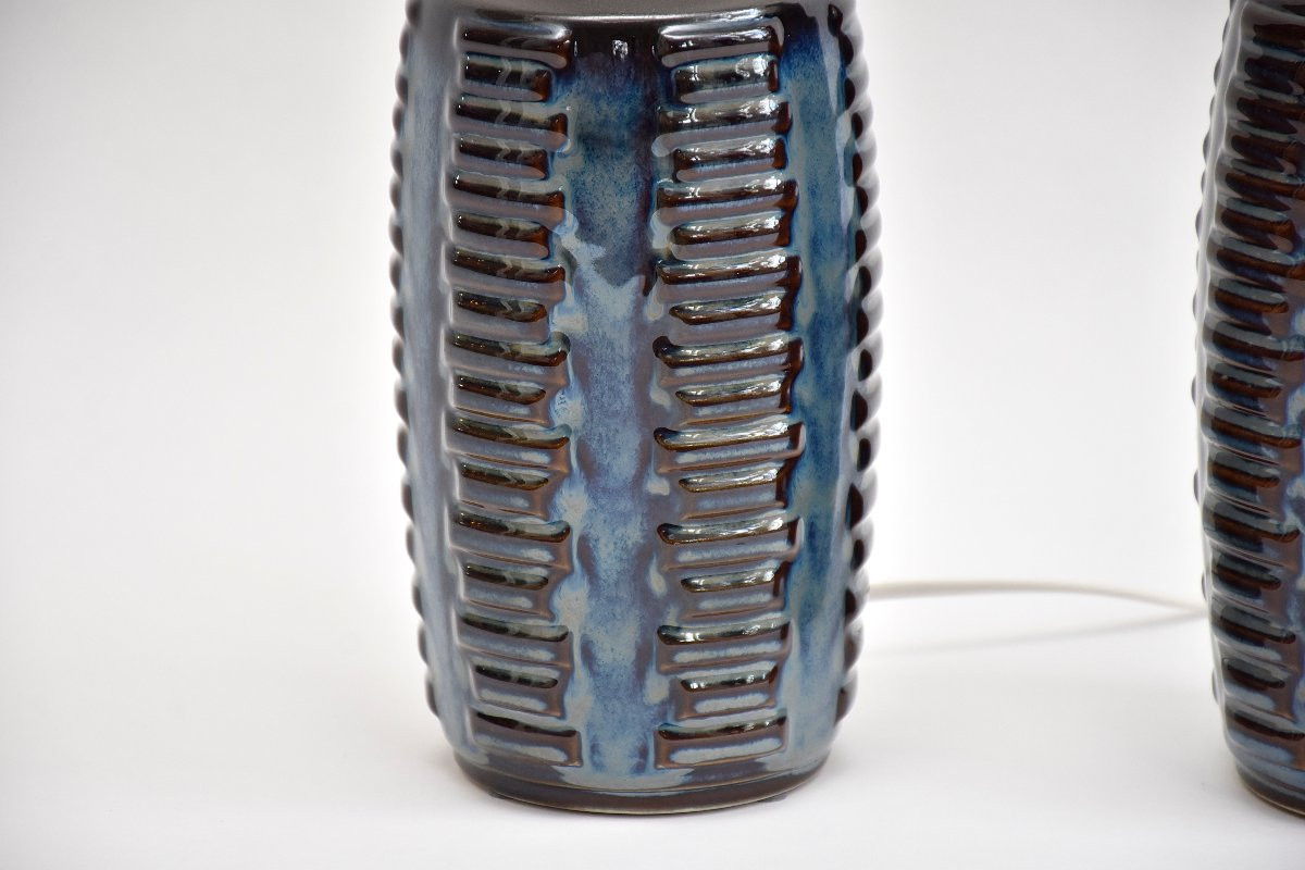 Paire de lampes de table en céramique bleue du milieu du siècle, signées Einar Johansen-photo-4