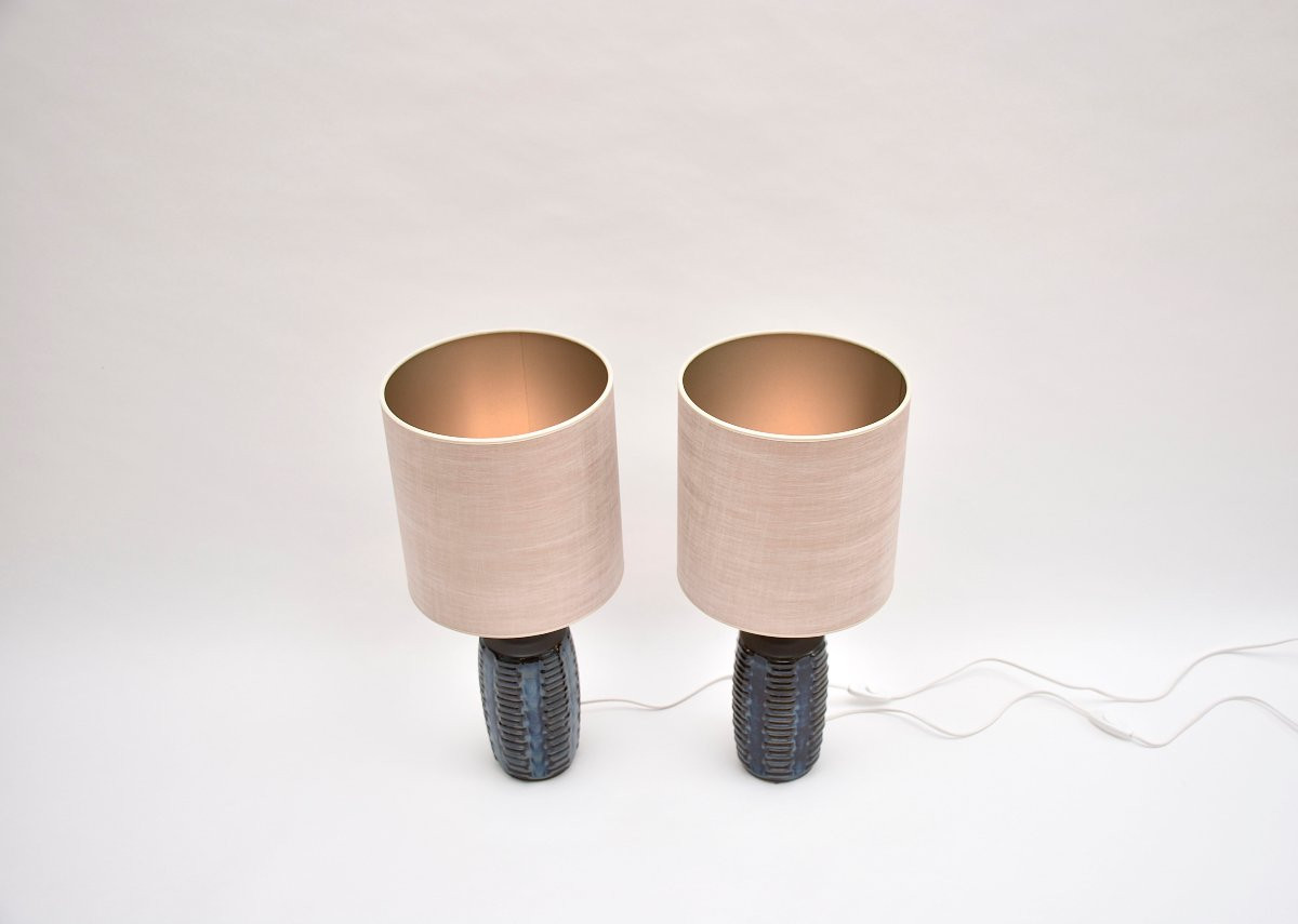 Paire de lampes de table en céramique bleue du milieu du siècle, signées Einar Johansen-photo-6