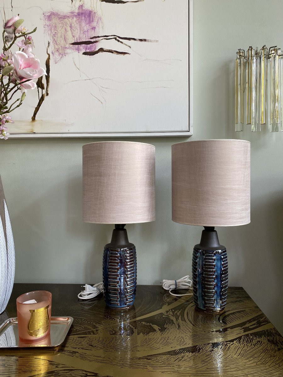 Paire de lampes de table en céramique bleue du milieu du siècle, signées Einar Johansen-photo-7