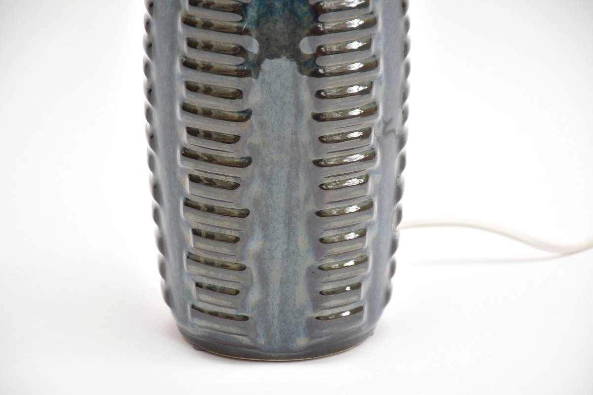 Lampe de table danoise en céramique émaillée bleue du milieu du siècle, signée Einar Johansen-photo-3