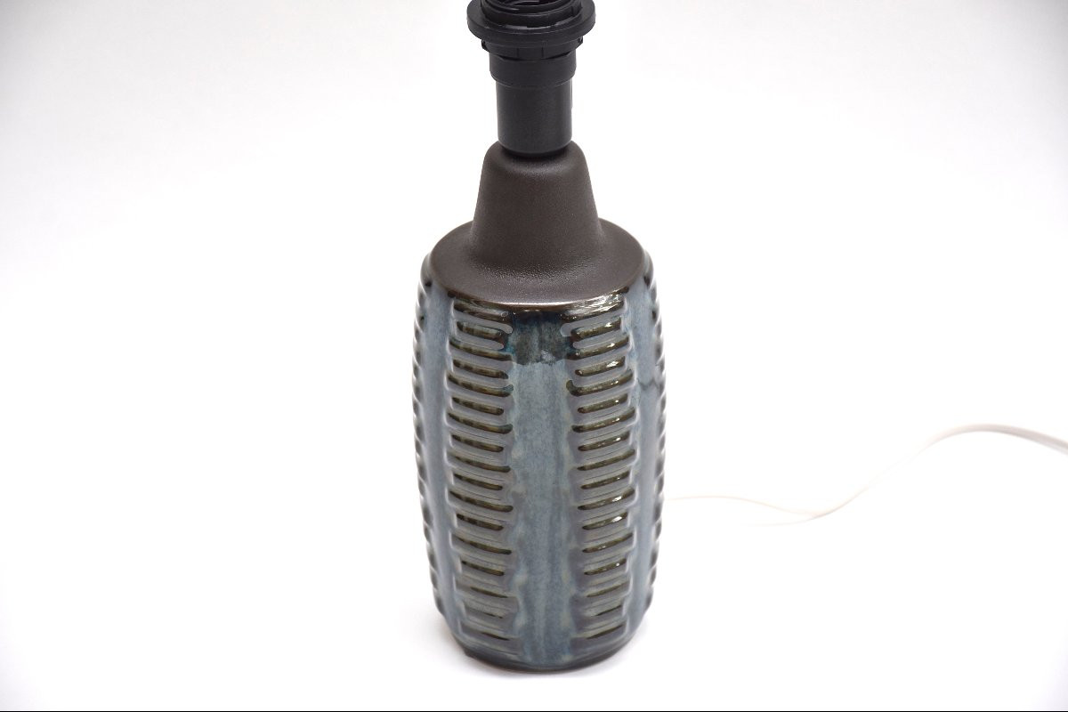 Lampe de table danoise en céramique émaillée bleue du milieu du siècle, signée Einar Johansen-photo-1
