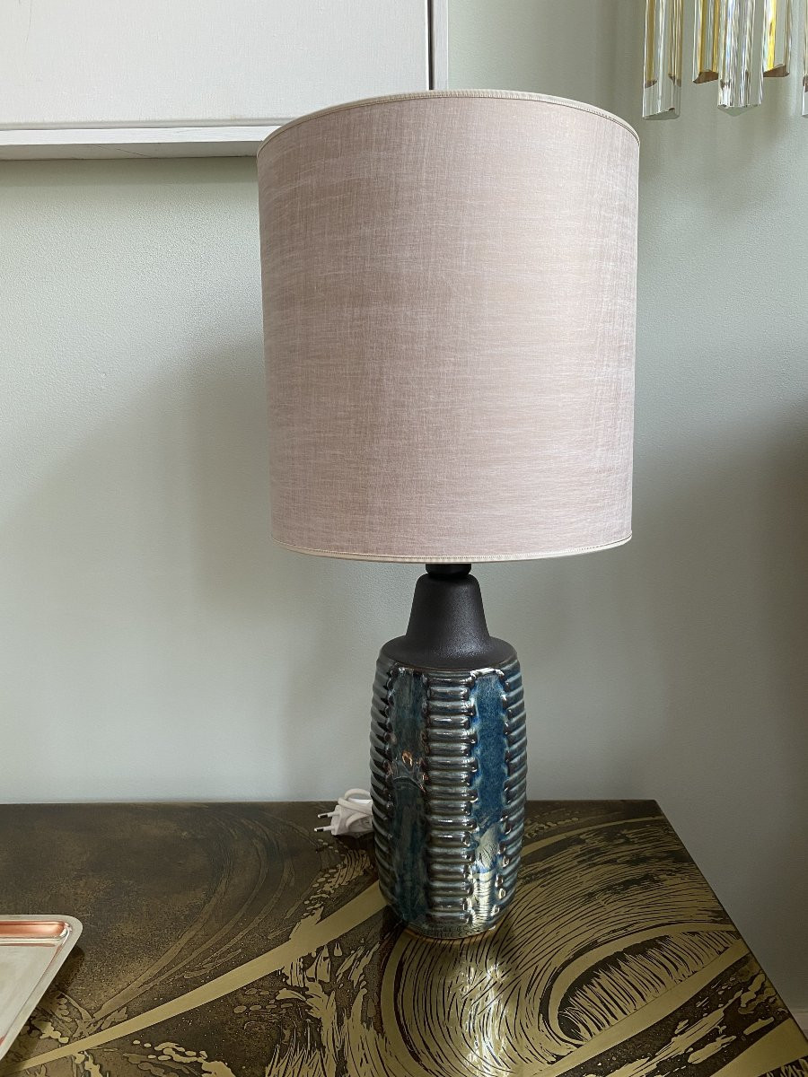 Lampe de table danoise en céramique émaillée bleue du milieu du siècle, signée Einar Johansen-photo-4