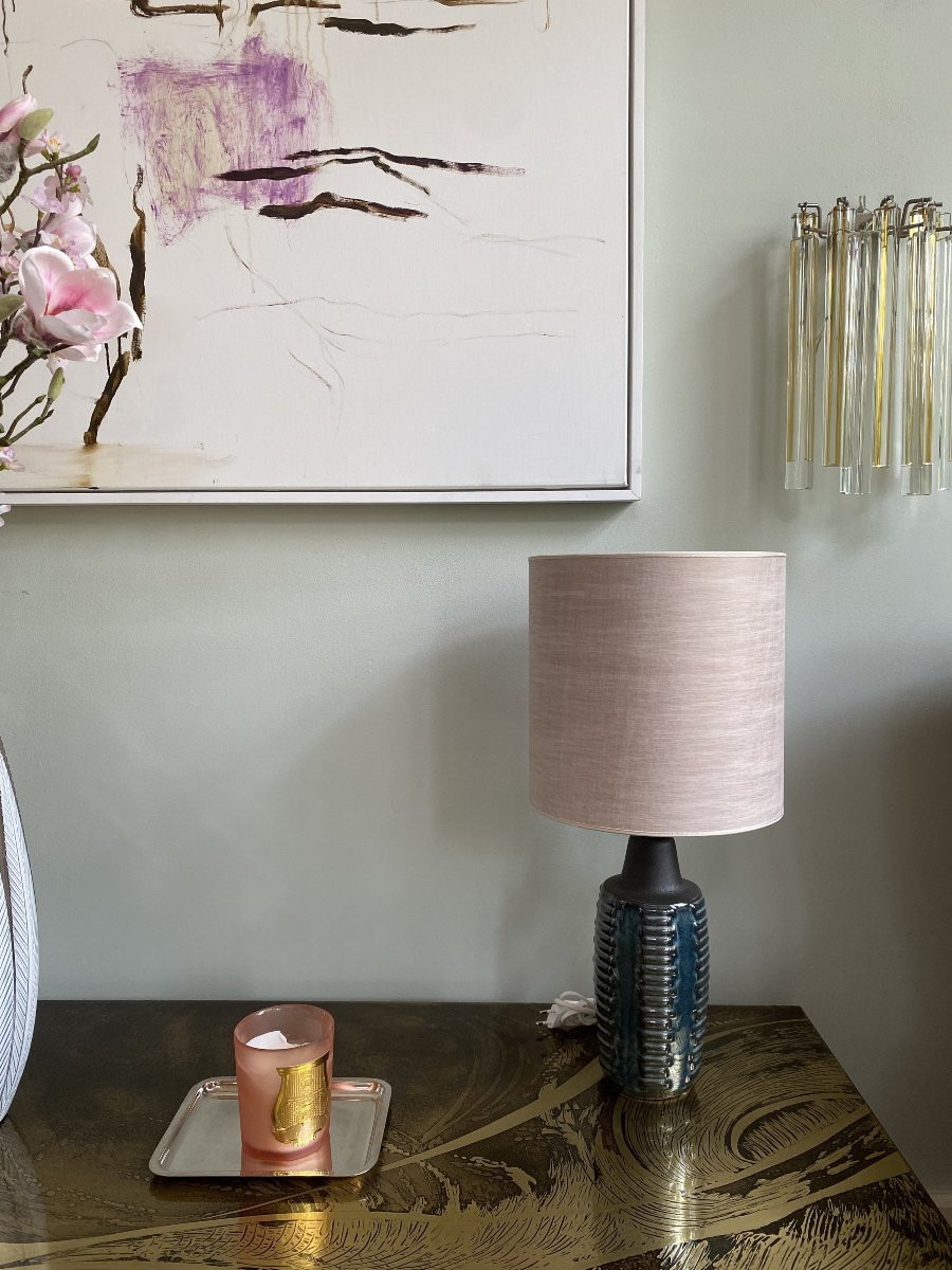 Lampe de table danoise en céramique émaillée bleue du milieu du siècle, signée Einar Johansen-photo-5