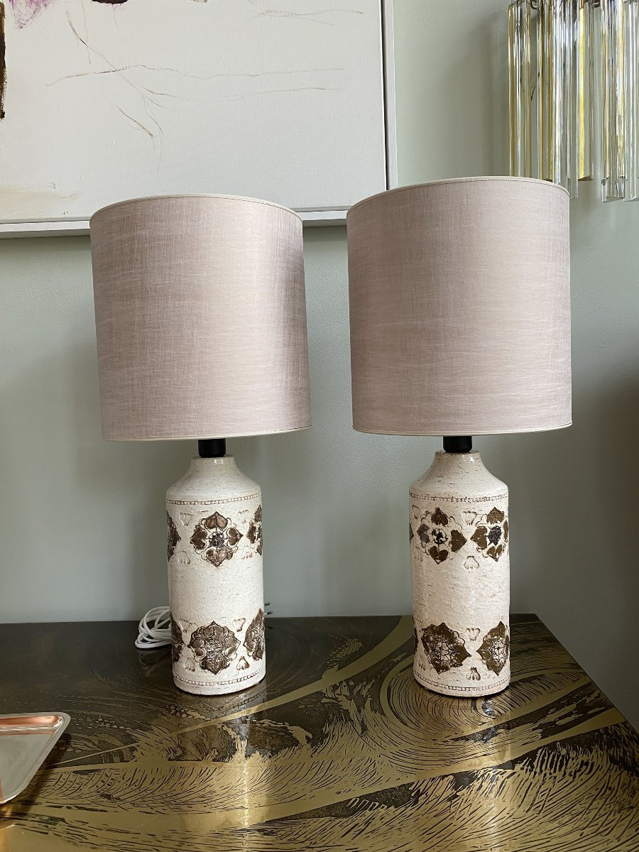 Pair Of Mid-century Ceramic White Table Lamps, Signed-photo-5