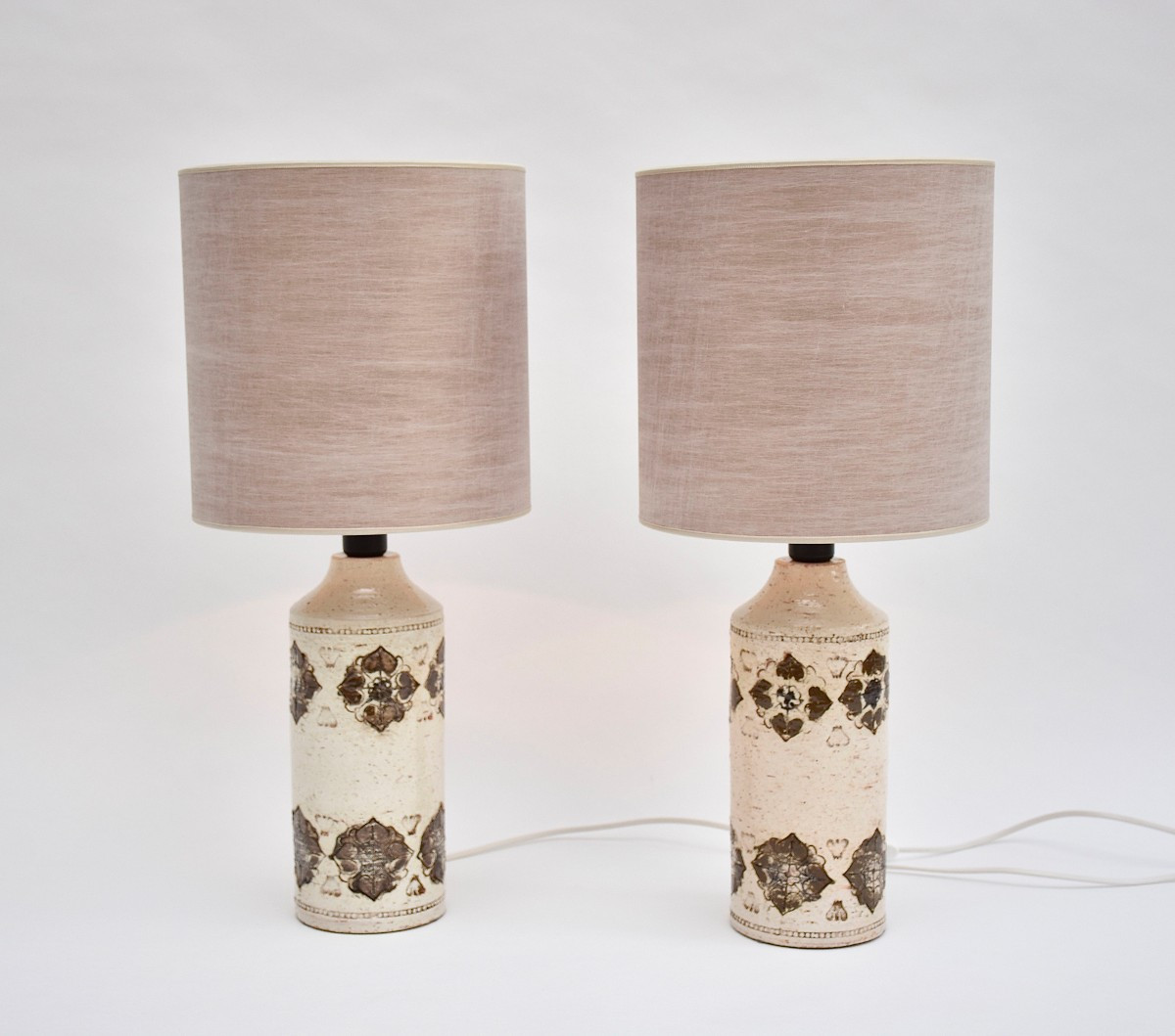 Pair Of Mid-century Ceramic White Table Lamps, Signed