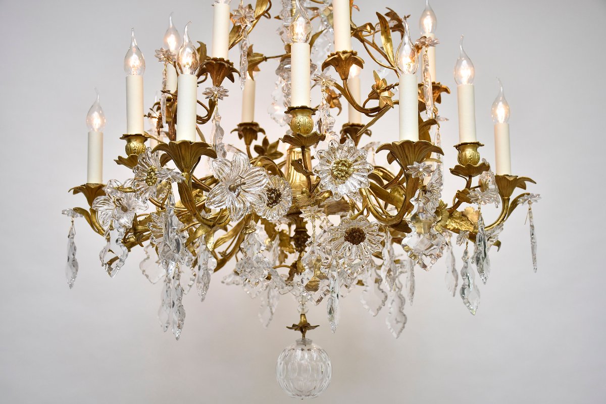  Late 19th-century Floral Chandelier In Gilded Bronze And Baccarat Crystal-photo-1