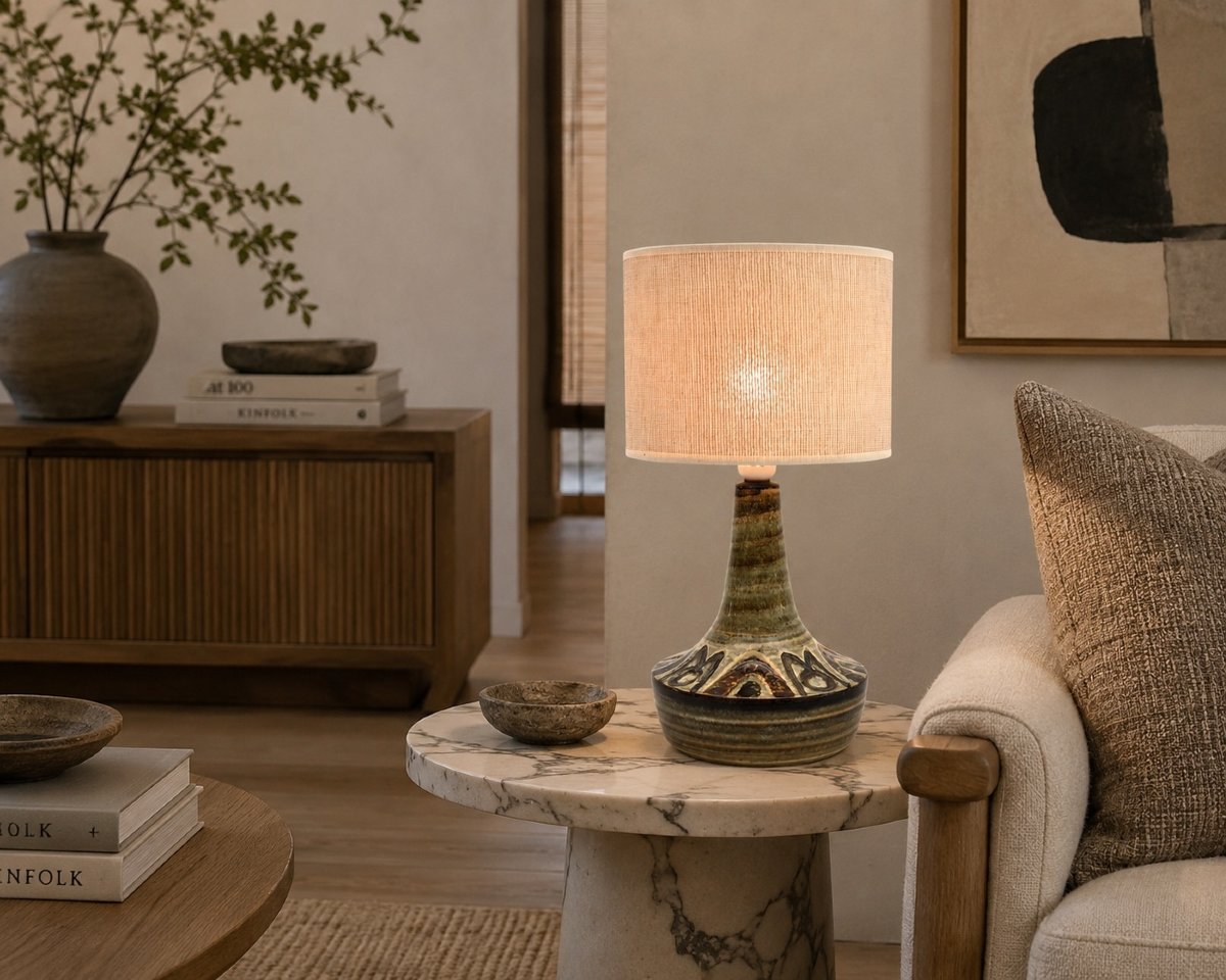 Lampe de table en céramique du milieu du siècle, dans des tons marron et vert olive, par Soholm-photo-4