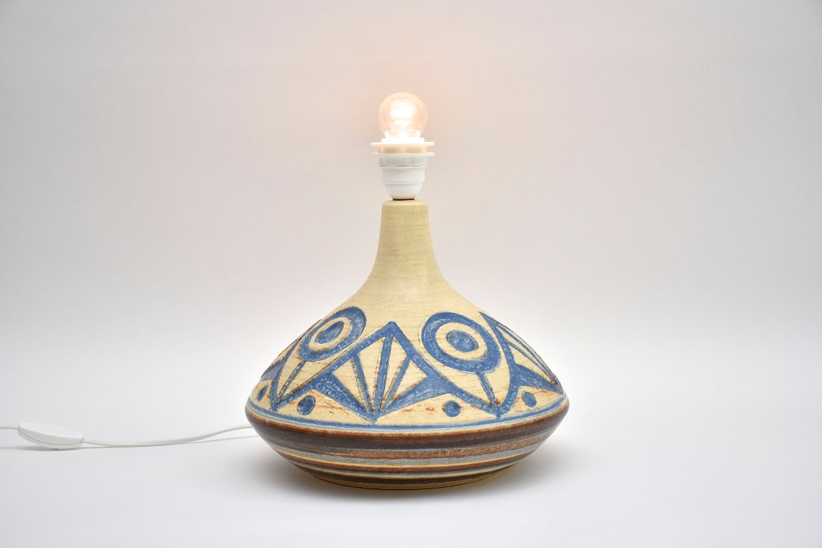 Lampe de table en céramique du milieu du siècle, bleue et jaune, Soholm, Danemark-photo-2