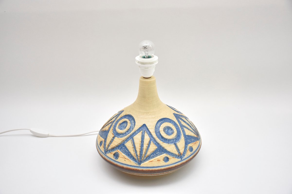 Lampe de table en céramique du milieu du siècle, bleue et jaune, Soholm, Danemark-photo-4
