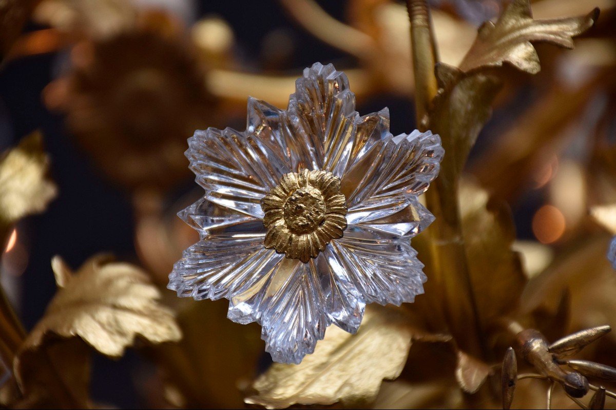 Grand Lustre Floral En Bronze Doré-photo-3