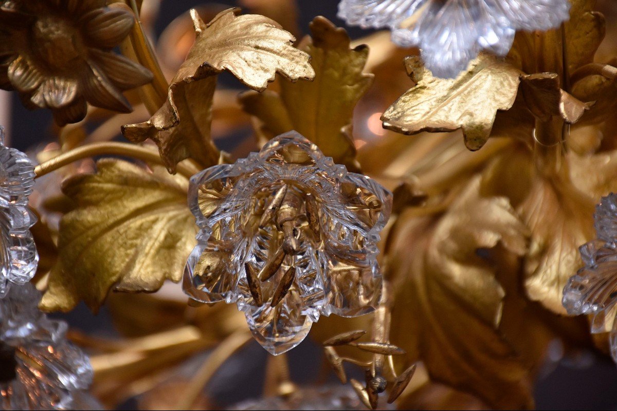 Grand Lustre Floral En Bronze Doré-photo-4