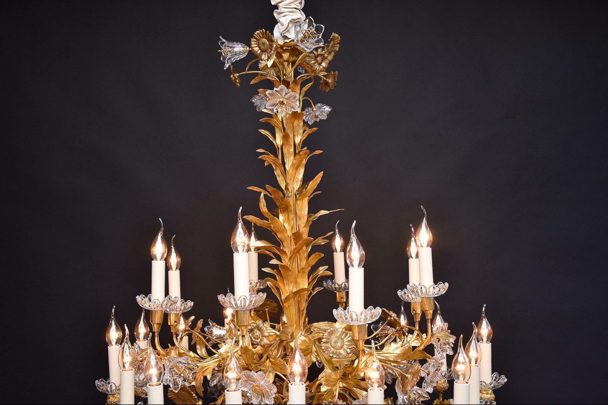 Grand Lustre Floral En Bronze Doré-photo-6