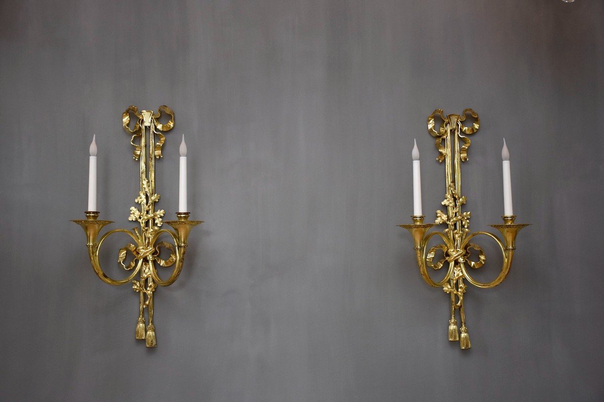 Pair Of Gilt Bronze Sconces In Louis XVI Style, 19th Century-photo-2