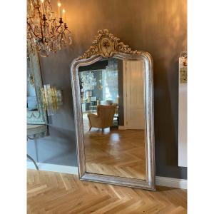 Large Louis-philippe Silver Leaf Mirror From The 19th Century