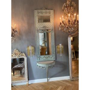 Miroir Trumeau Bleu Clair Avec Console, 19e Siècle