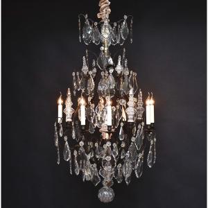 Large Bronze And Baccarat Crystal Cage Chandelier, Louis XV Style