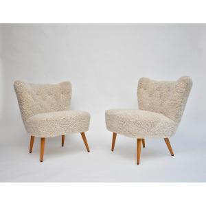 Paire De Fauteuils De Salon Suédois En Peau De Mouton