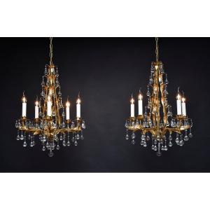  Paire de lustres italiens dorés du XXe siècle avec pendentifs en verre