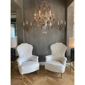 Pair Of 20th-century "farmor" Armchairs, Designed By Carl Malmsten, Upholstered In Dedar Bouclé Fabric 