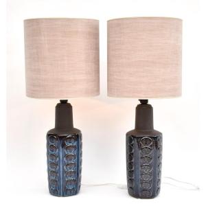 A Pair Of Mid-century Danish Blue Ceramic Table Lamps, Signed