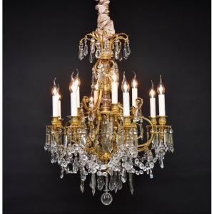 A Late 19th-century Chandelier Made Of Gilded Bronze And Baccarat Crystal, Signed Aillard Paris