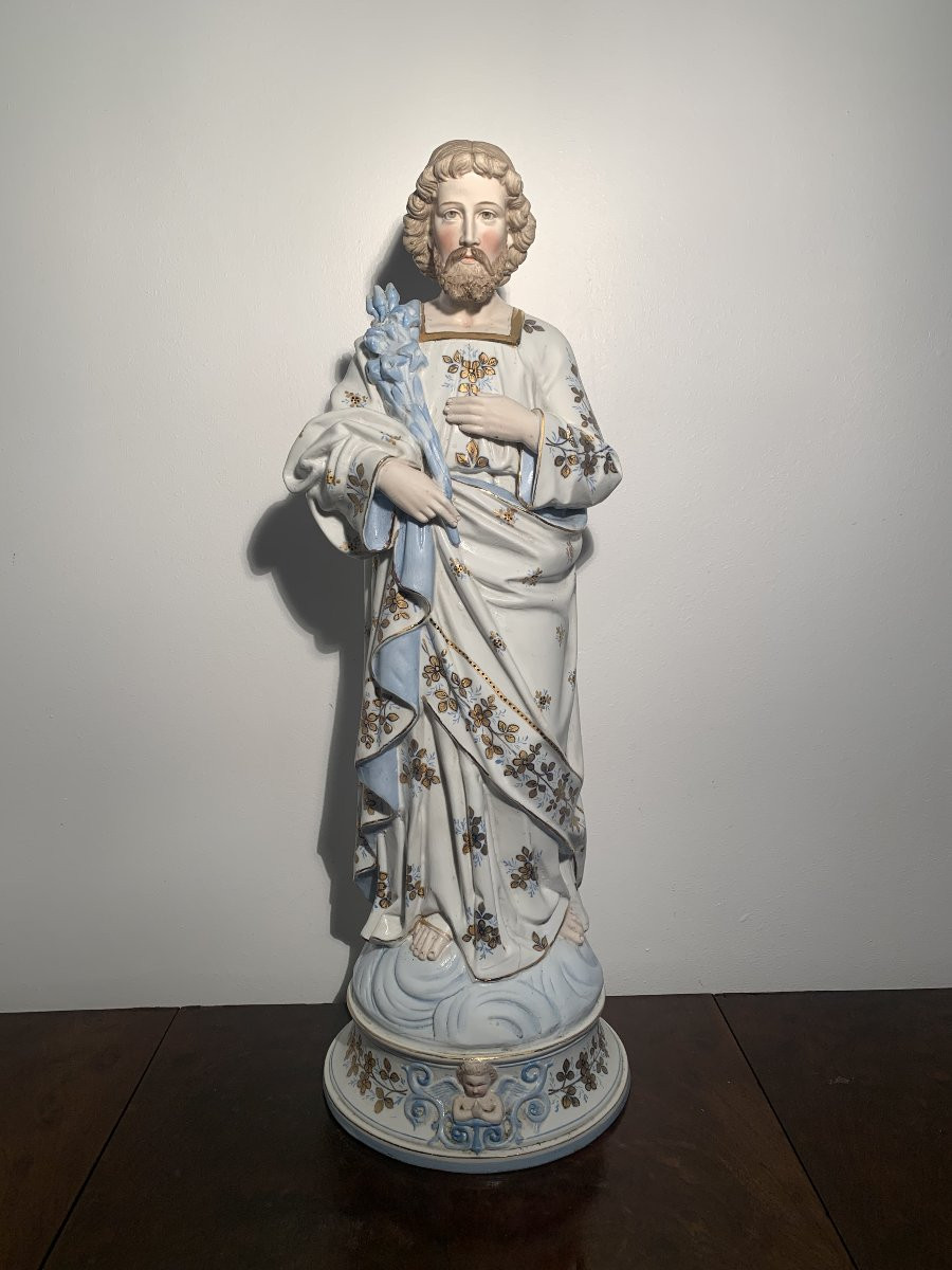 Statue Saint Joseph Biscuit Polychrome XIX-photo-2