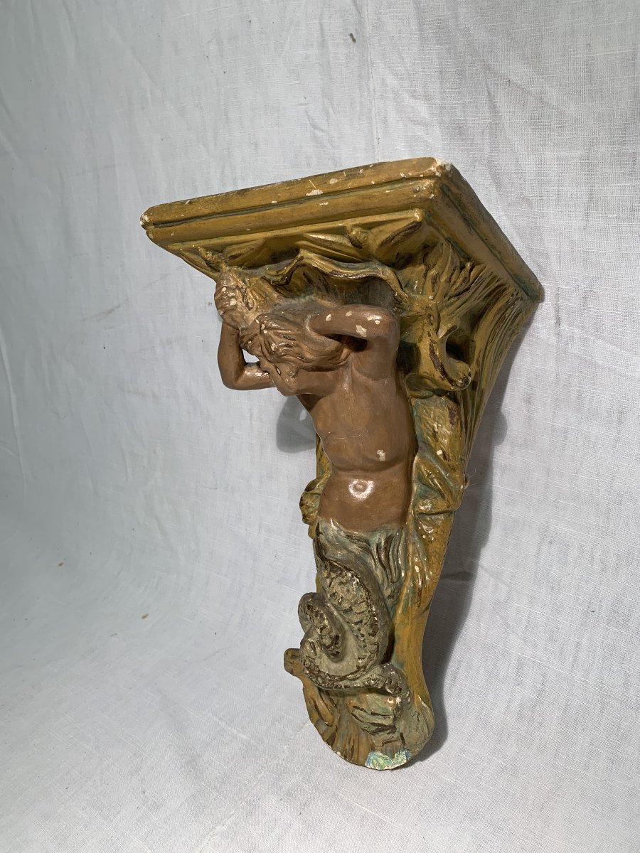 19th-century Antique Mermaid Wall Console, Plaster-photo-3