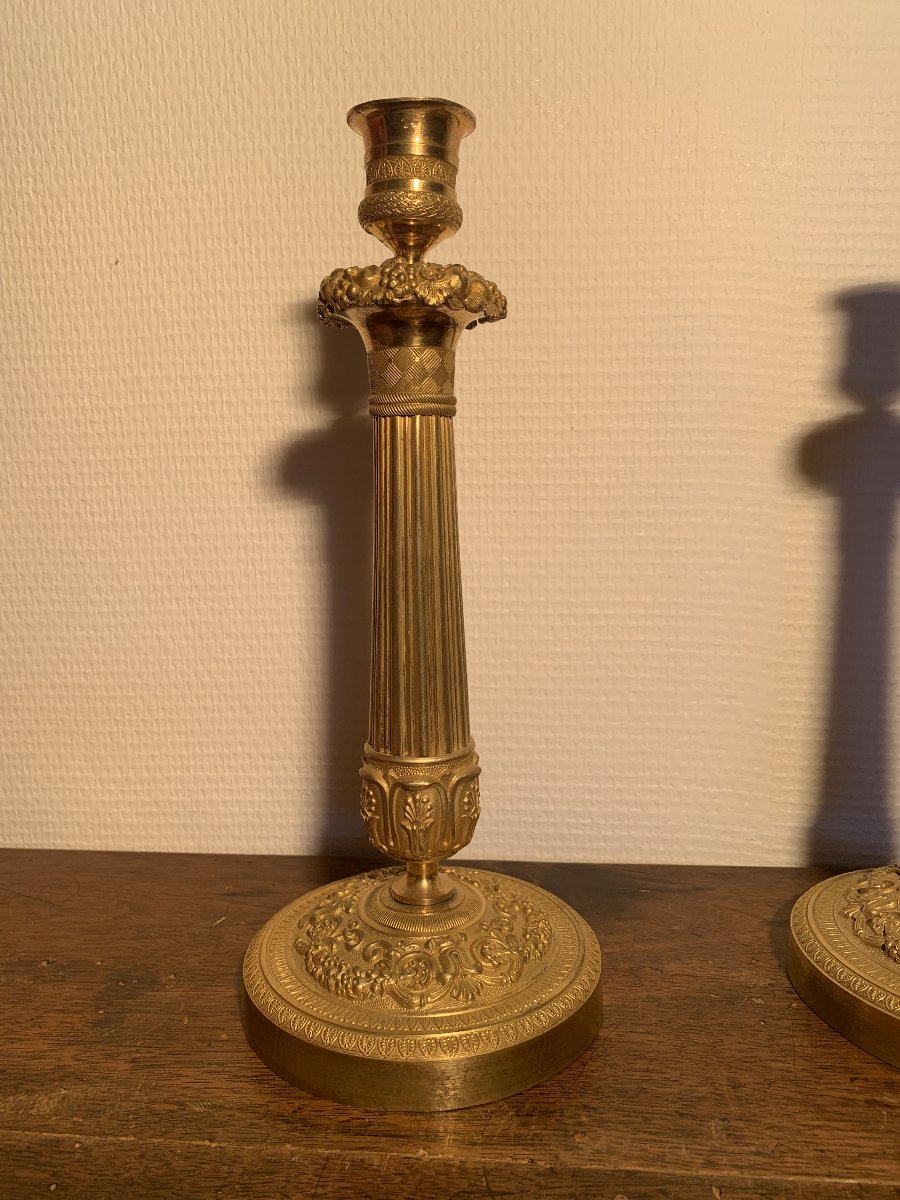 Pair Of Gilded Bronze Empire-style Flower And Fruit Candlesticks-photo-2