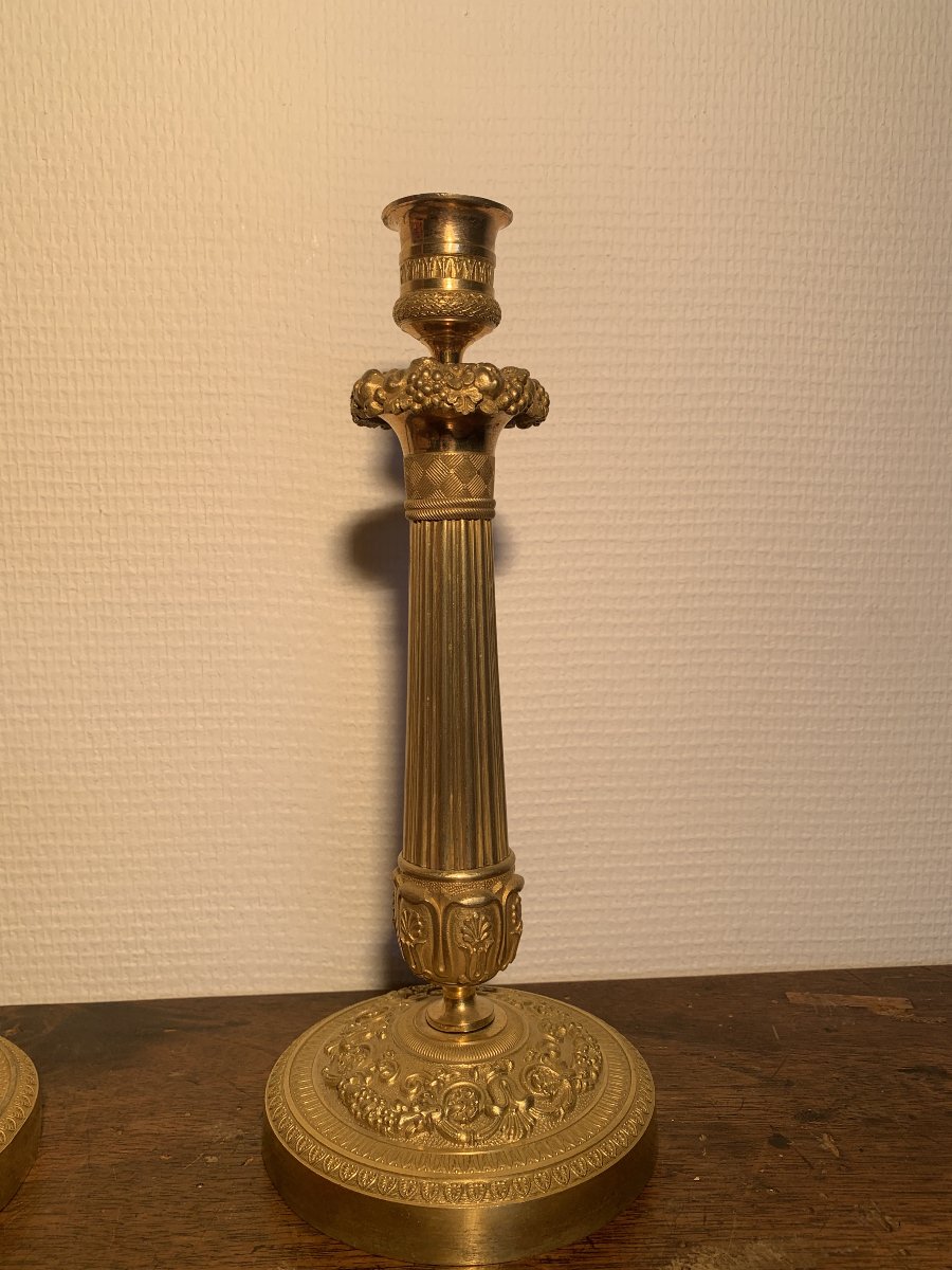 Pair Of Gilded Bronze Empire-style Flower And Fruit Candlesticks-photo-3