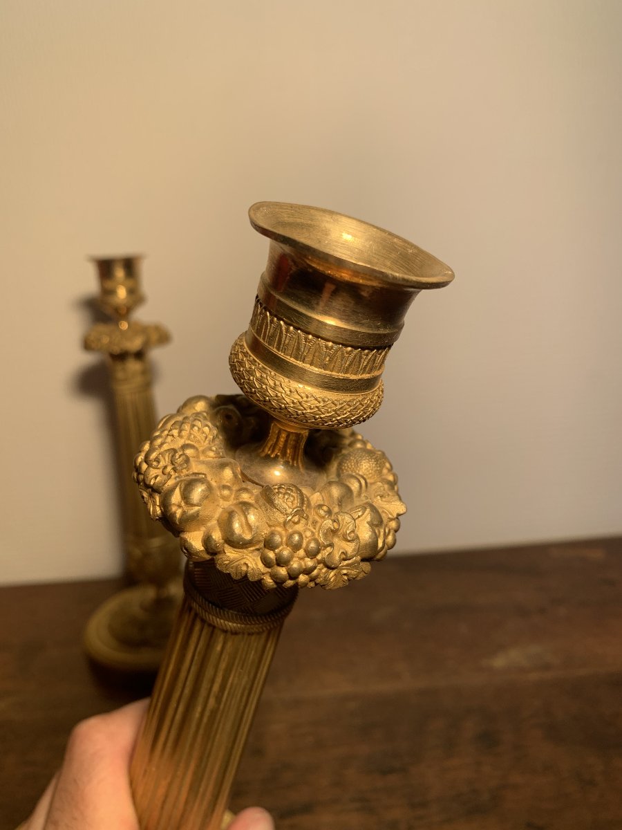Pair Of Gilded Bronze Empire-style Flower And Fruit Candlesticks-photo-4