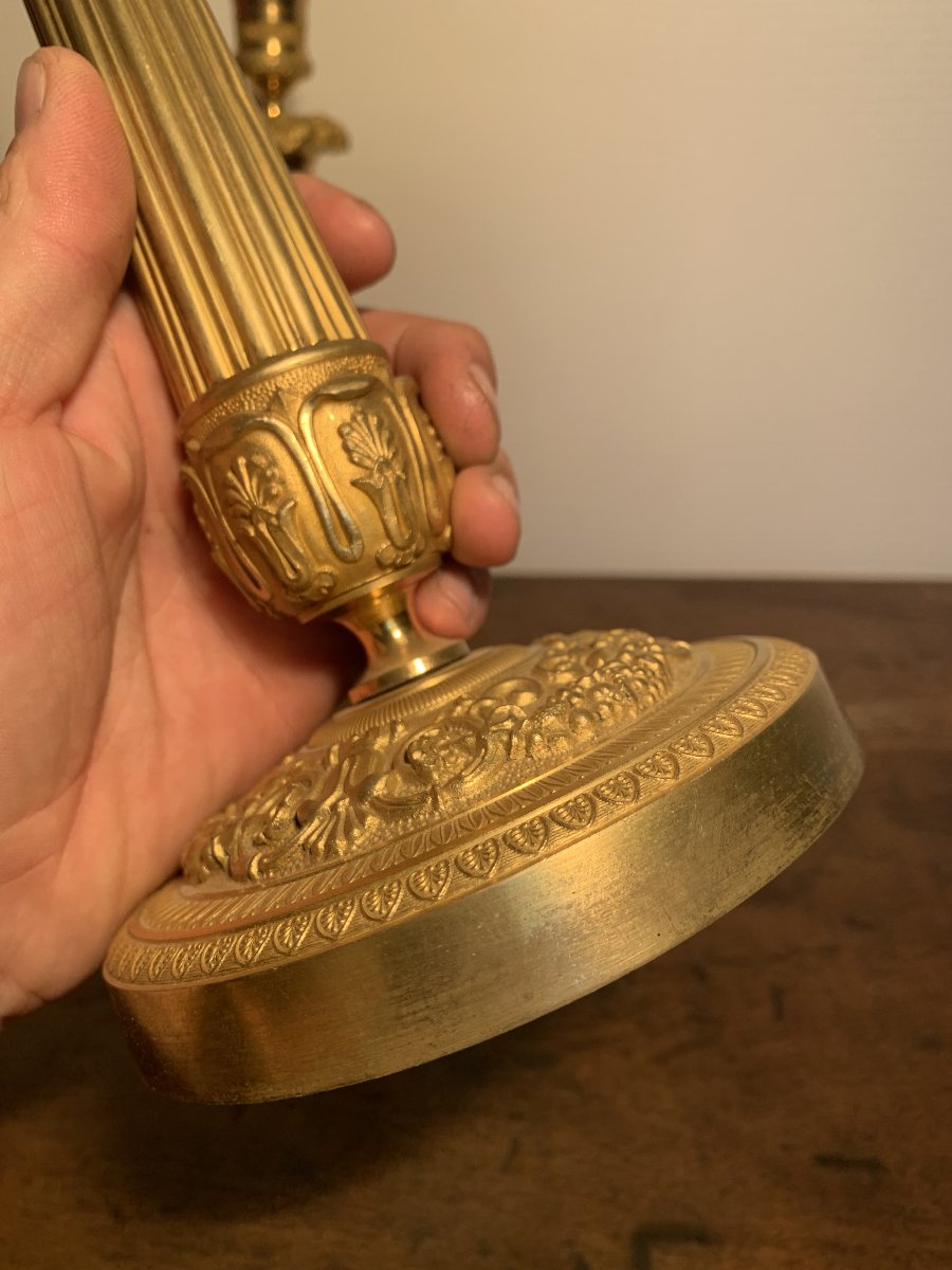 Pair Of Gilded Bronze Empire-style Flower And Fruit Candlesticks-photo-1
