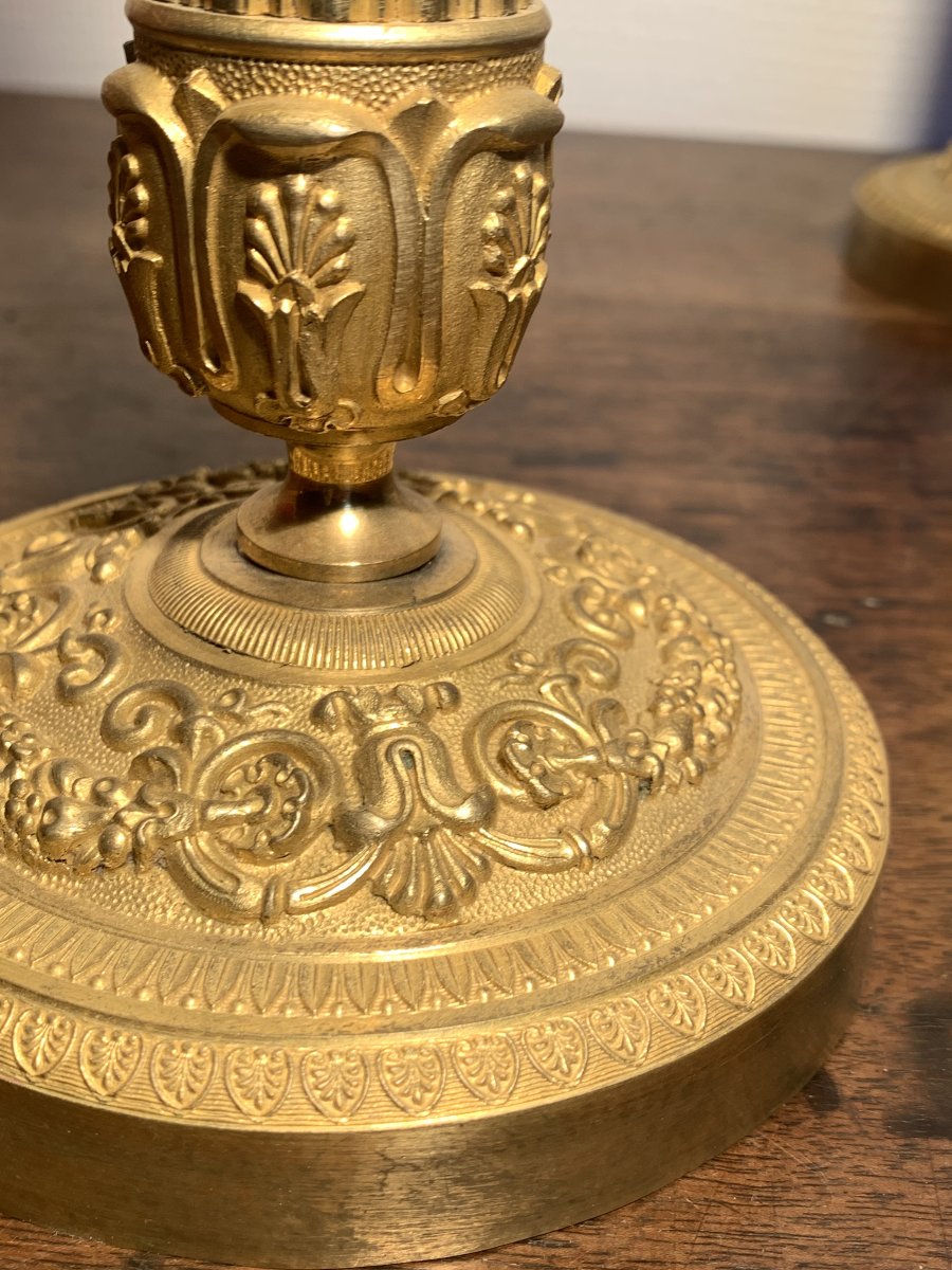 Pair Of Gilded Bronze Empire-style Flower And Fruit Candlesticks-photo-5