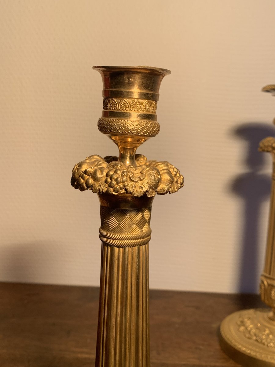 Pair Of Gilded Bronze Empire-style Flower And Fruit Candlesticks-photo-6
