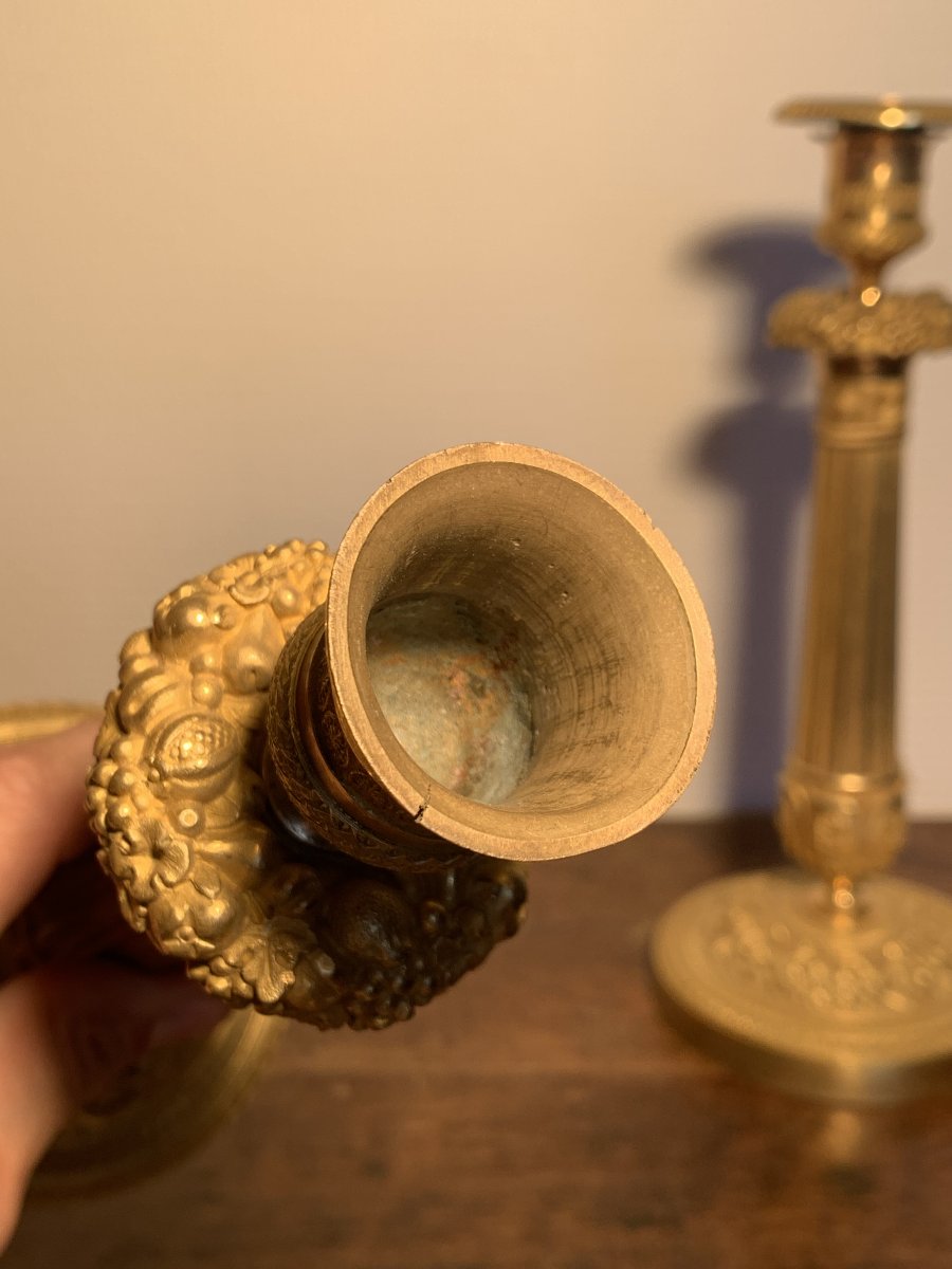 Pair Of Gilded Bronze Empire-style Flower And Fruit Candlesticks-photo-7