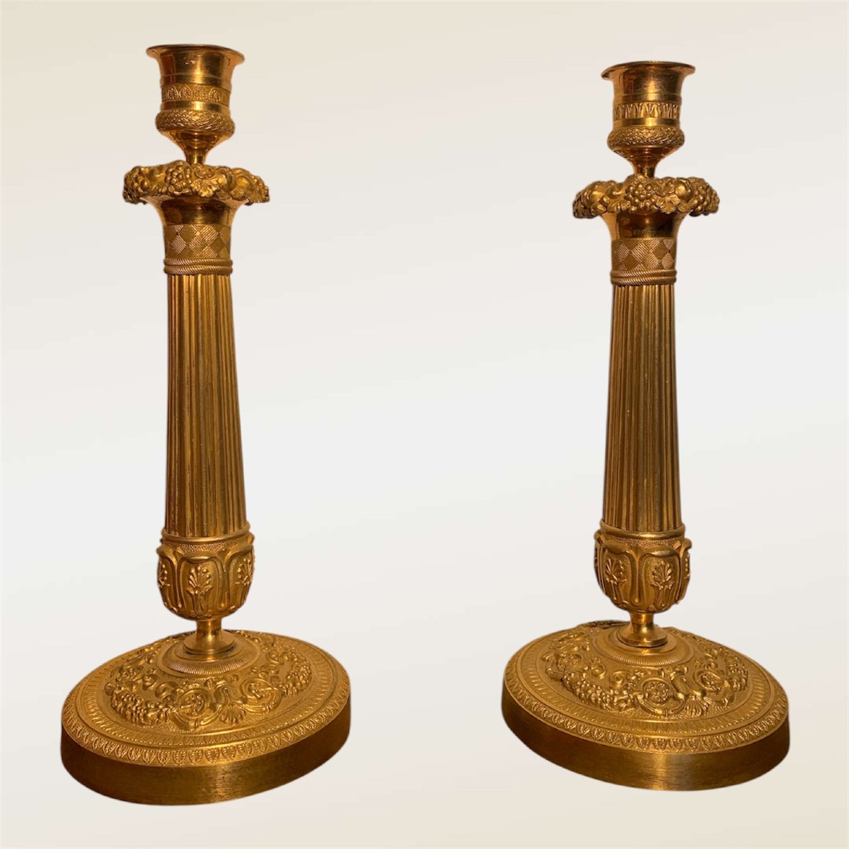 Pair Of Gilded Bronze Empire-style Flower And Fruit Candlesticks