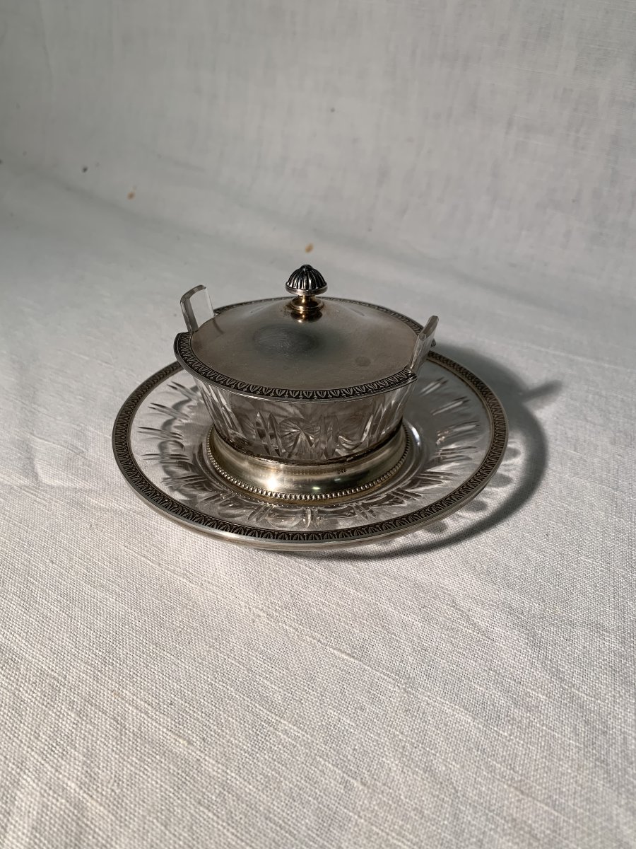 950 Sterling Silver Butter Dish With Cut Crystal-photo-5