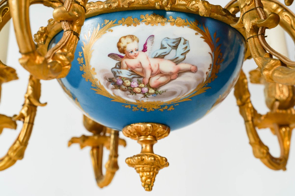 Chandelier "aux Cherubs" Louis XVI Style In Gilt Bronze And Porcelain. 19th Century-photo-2