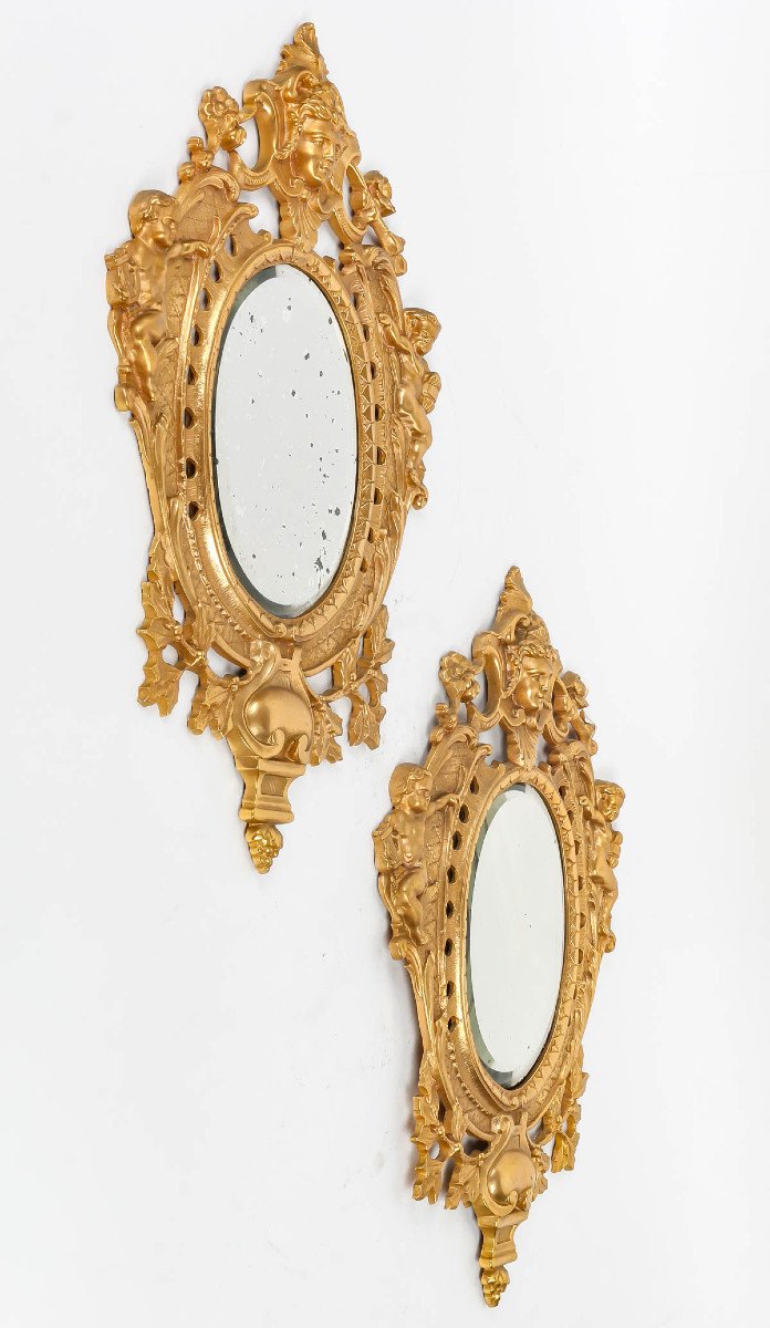Pair Of Mirrors In Chiselled And Gilded Bronze With The Mask Of Apollo. Circa 1880-photo-1