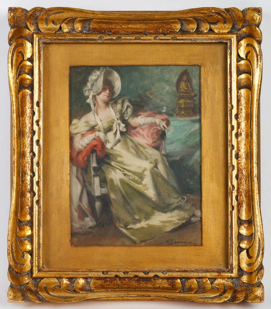 Alexandre, François Bonnardel (1867-1942) - Elegant 1830, Oil On Cardboard Signed. Around 1920-photo-2