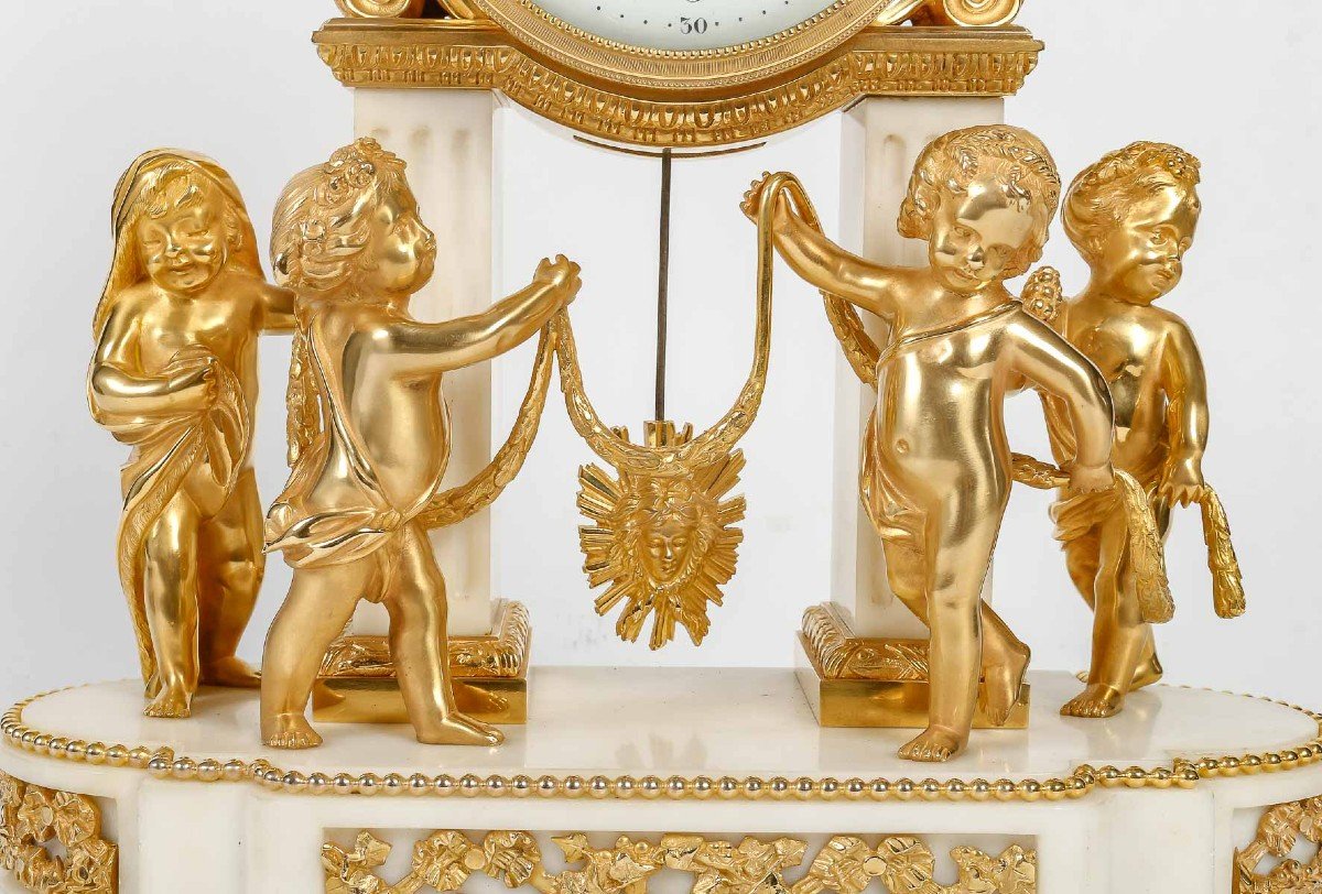 Leroy, In Paris - The Four Seasons. Portico Clock In White Marble And Gilt Bronze. Circa 1870-photo-4